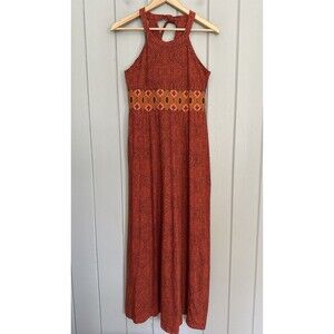 Prana Maxi Dress S Small Orange Printed Halter Built in Shelf Bra Boho Knit